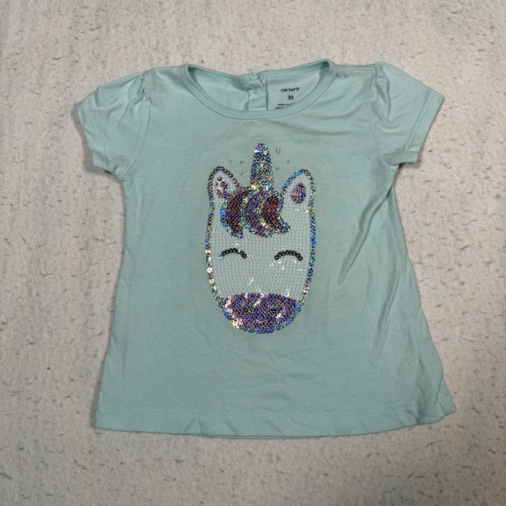 Carters Toddler Girls 3T Mint Green Sequin Unicorn Puff Sleeve Graphic T-Shirt